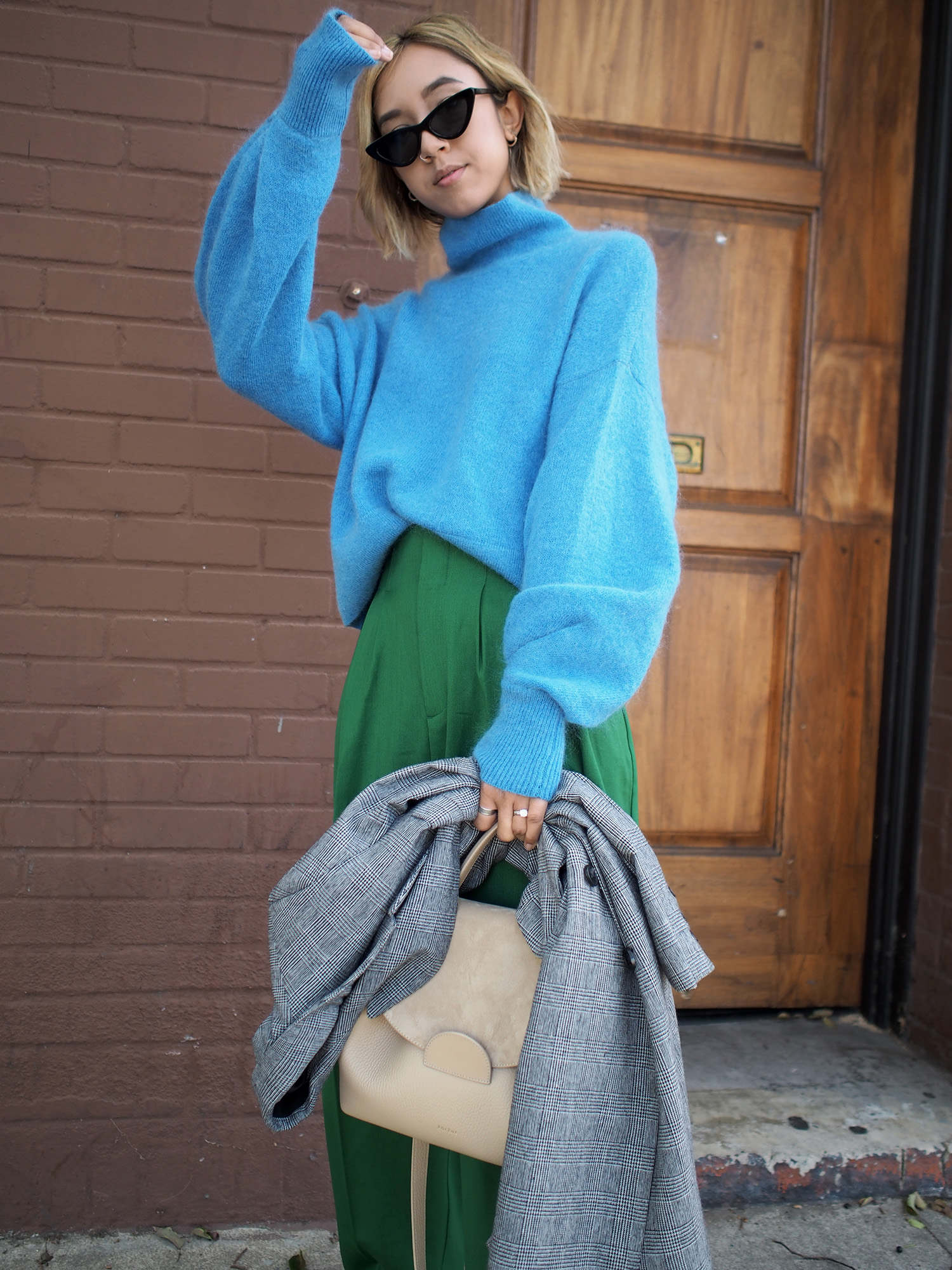 Blue Oversized Sweater & Green Trousers