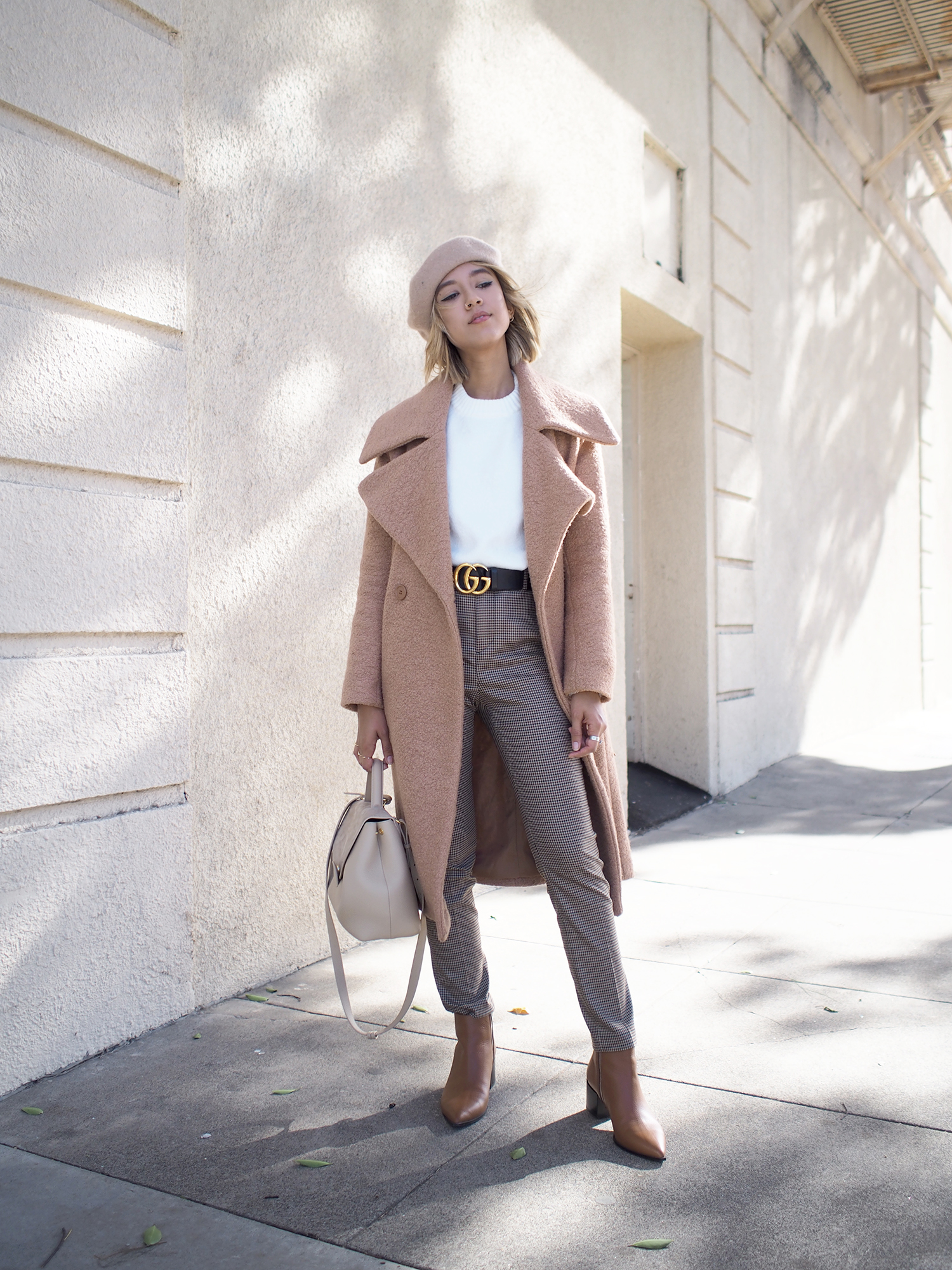 Fur Cuff Sweater & Plaid Trousers