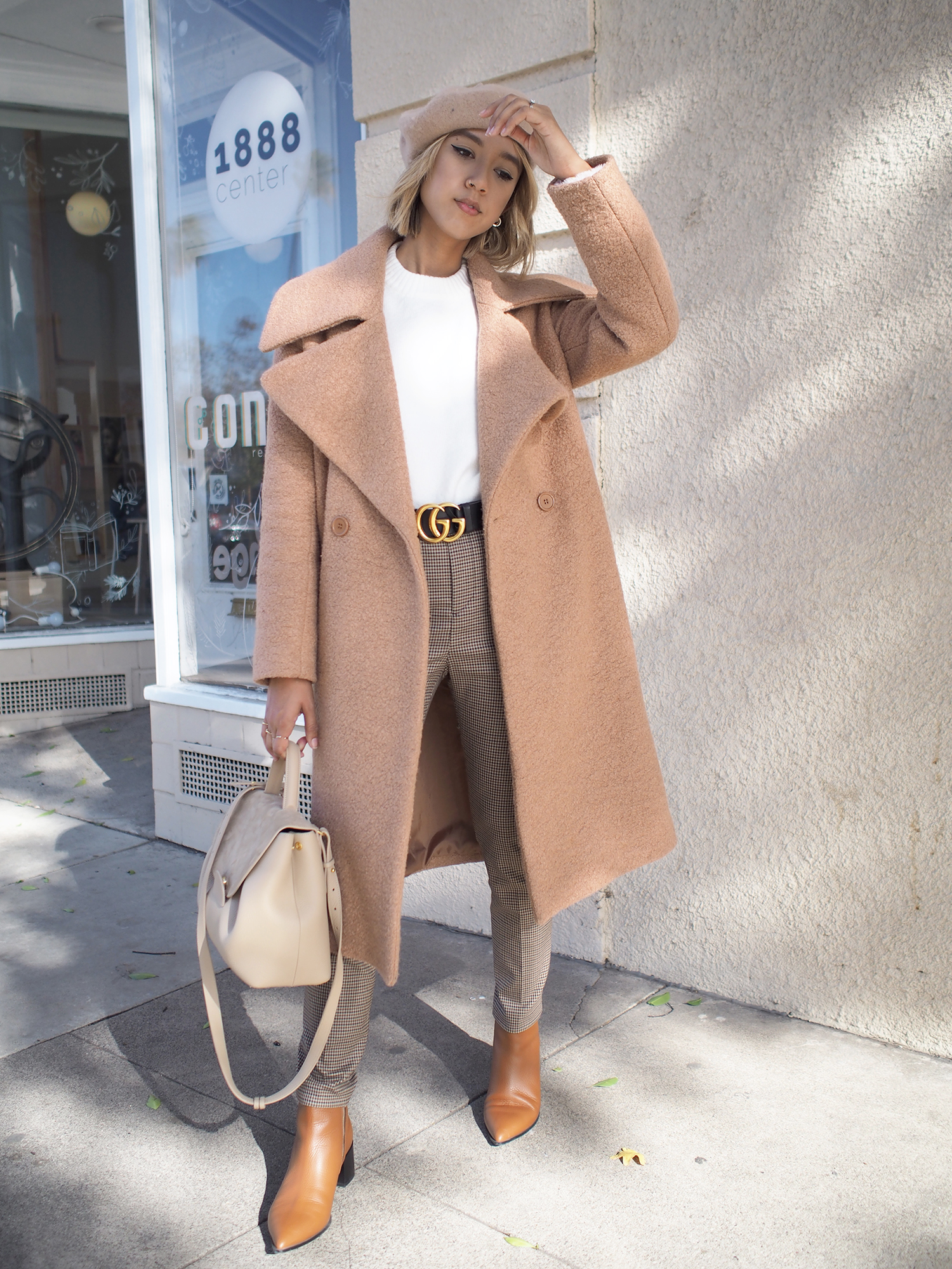 Fur Cuff Sweater & Plaid Trousers