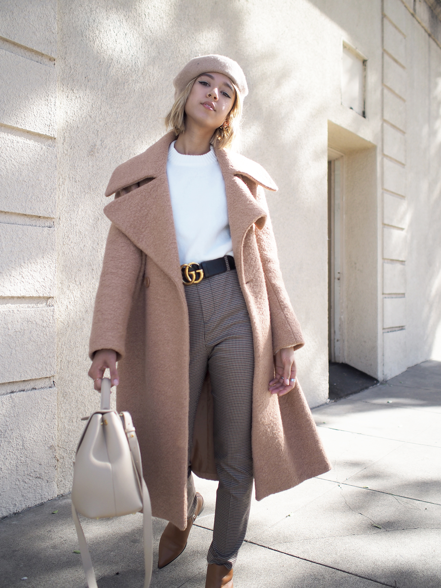 Fur Cuff Sweater & Plaid Trousers