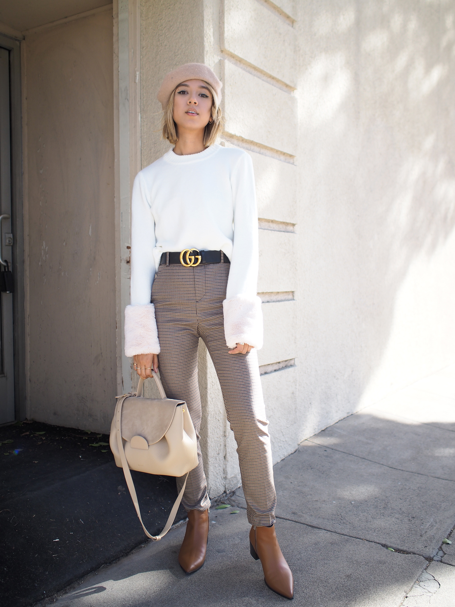 Fur Cuff Sweater & Plaid Trousers