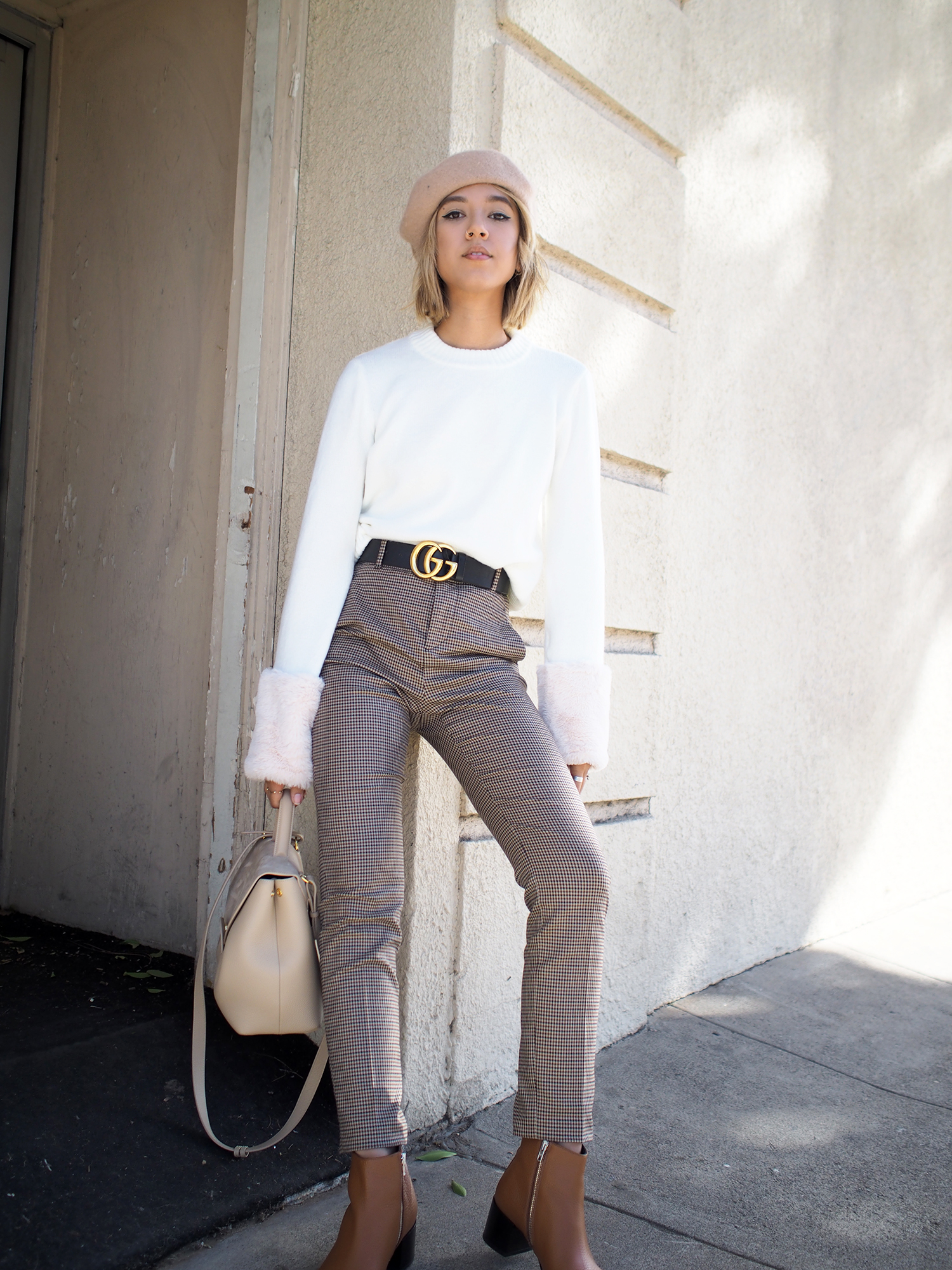 Fur Cuff Sweater & Plaid Trousers