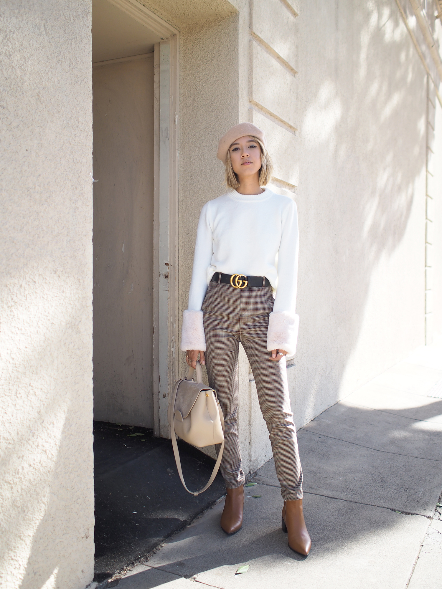 Fur Cuff Sweater & Plaid Trousers