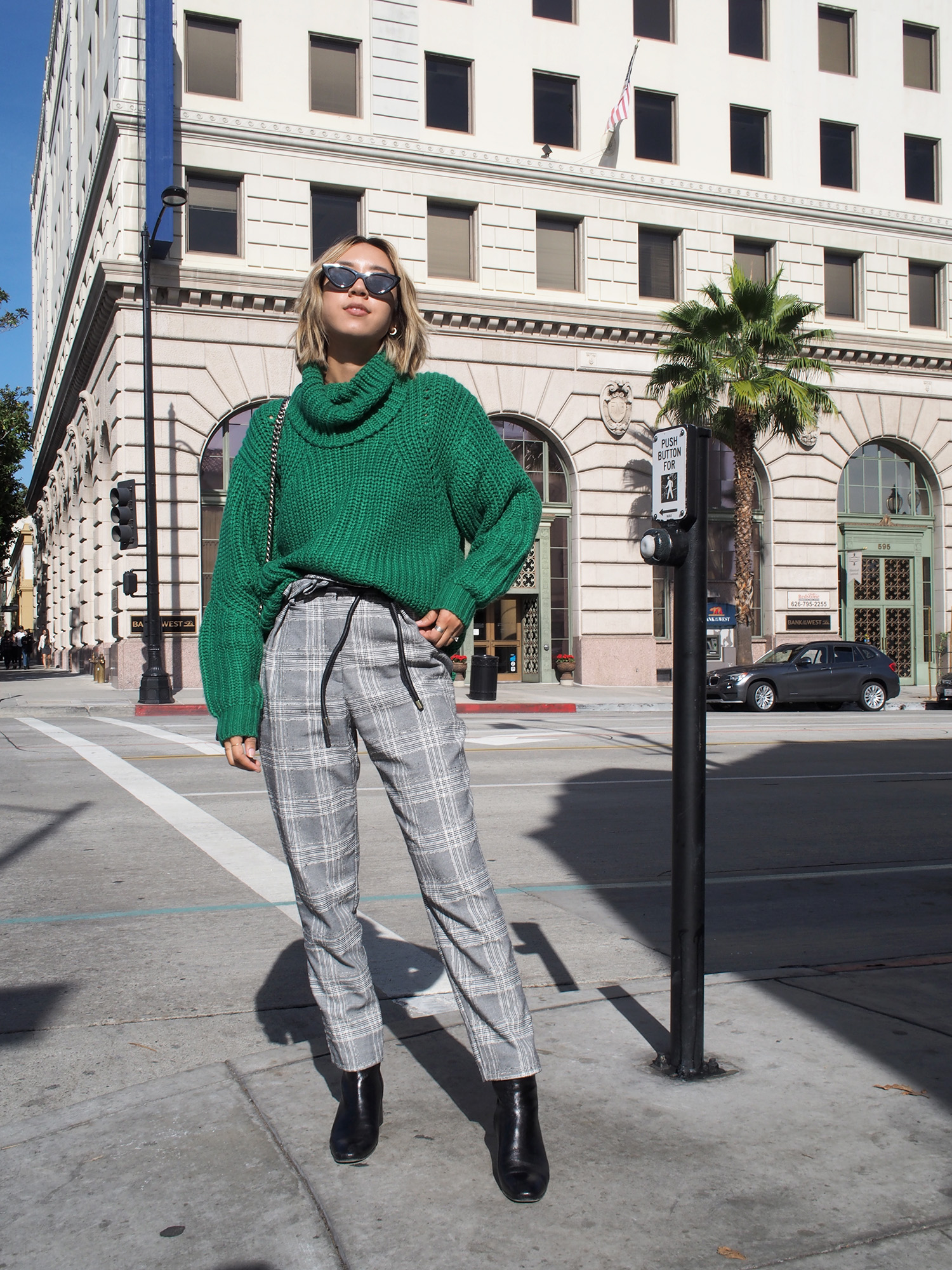 Green Chunky Knit & Plaid Trousers