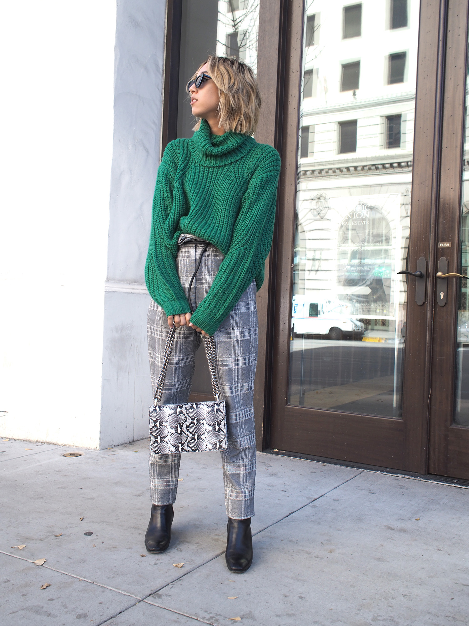 Green Chunky Knit & Plaid Trousers