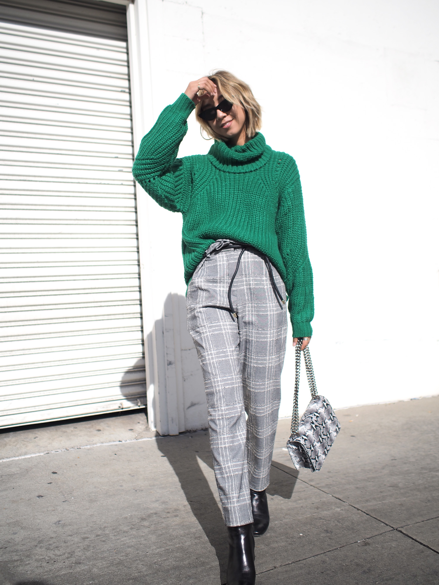 Green Chunky Knit & Plaid Trousers