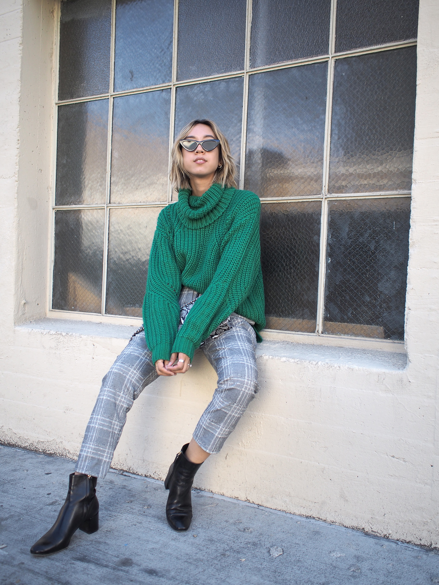 Green Chunky Knit & Plaid Trousers