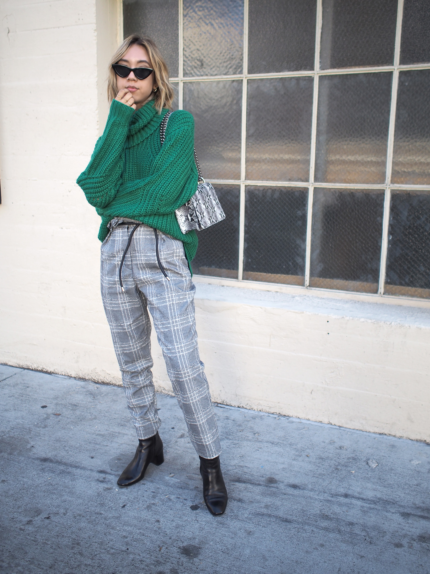 Green Chunky Knit & Plaid Trousers