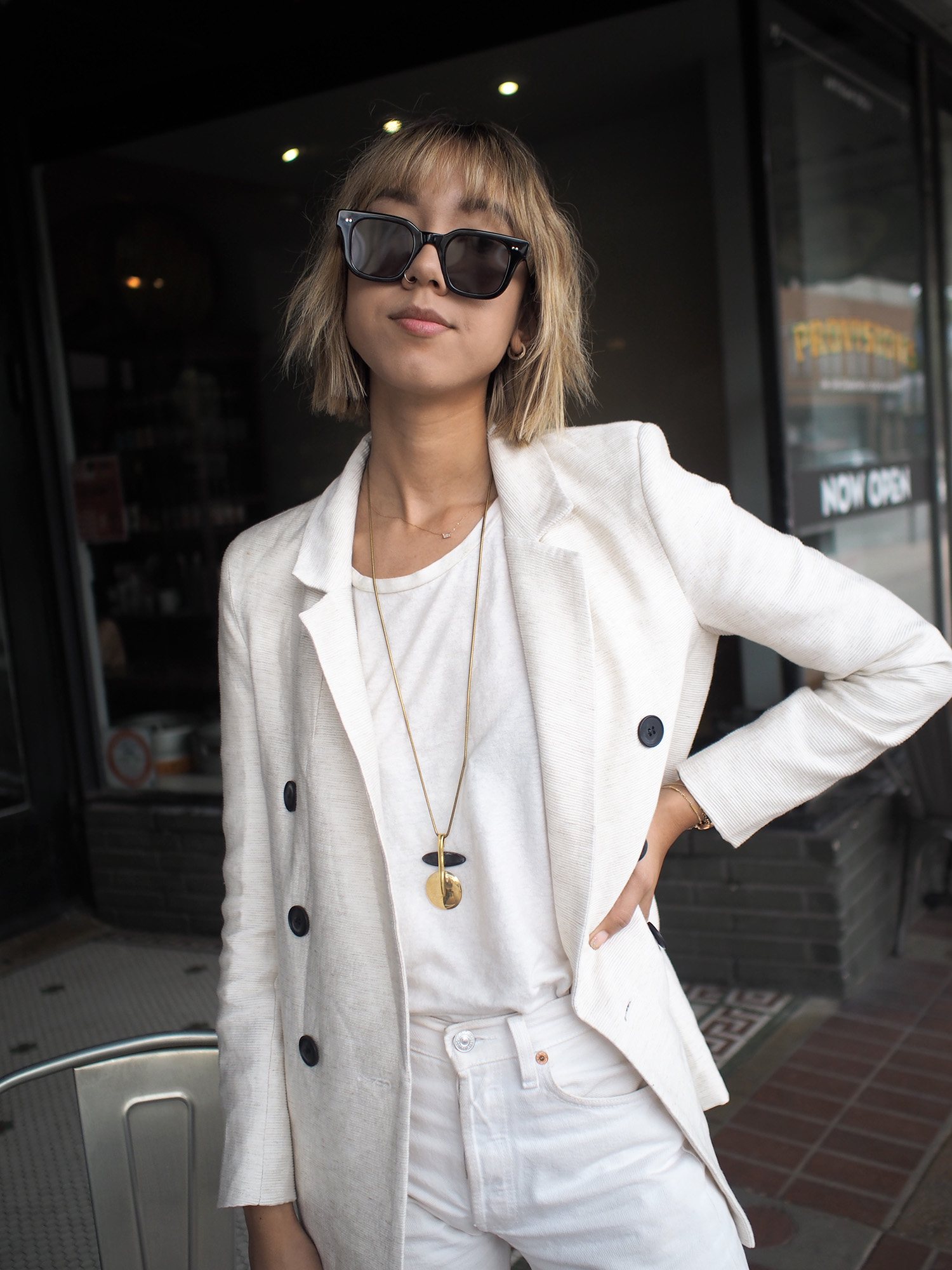 White Double Breasted Blazer Outfit