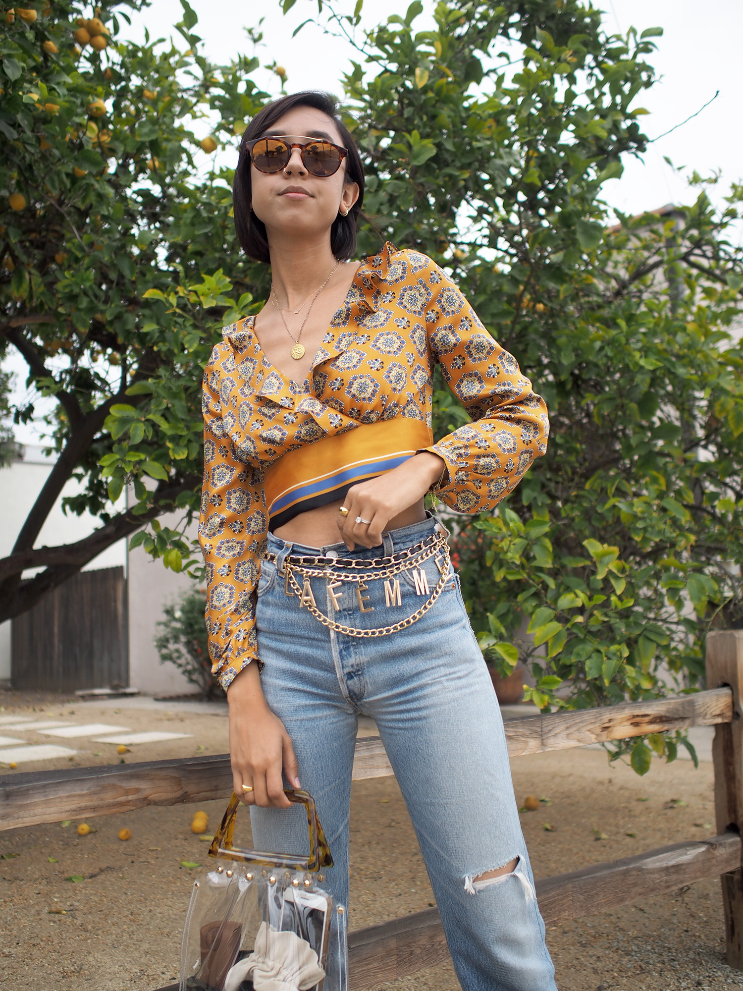 Printed Cropped Blouse with Levis Jeans