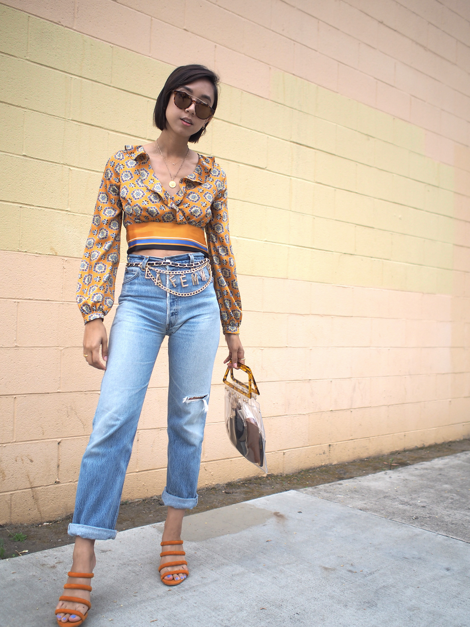 Printed Cropped Blouse with Levis Jeans