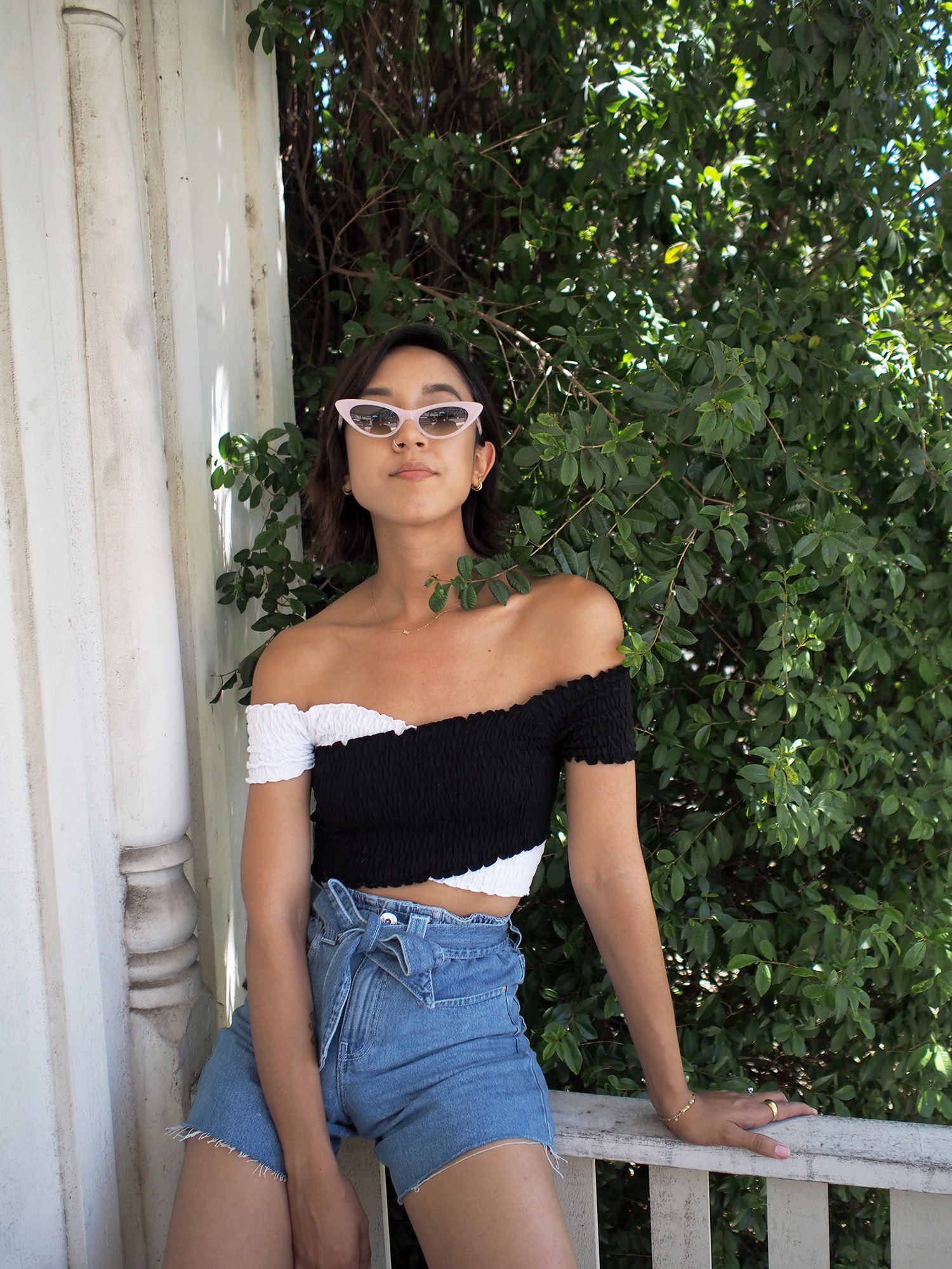 White contrast shirred wrap crop top