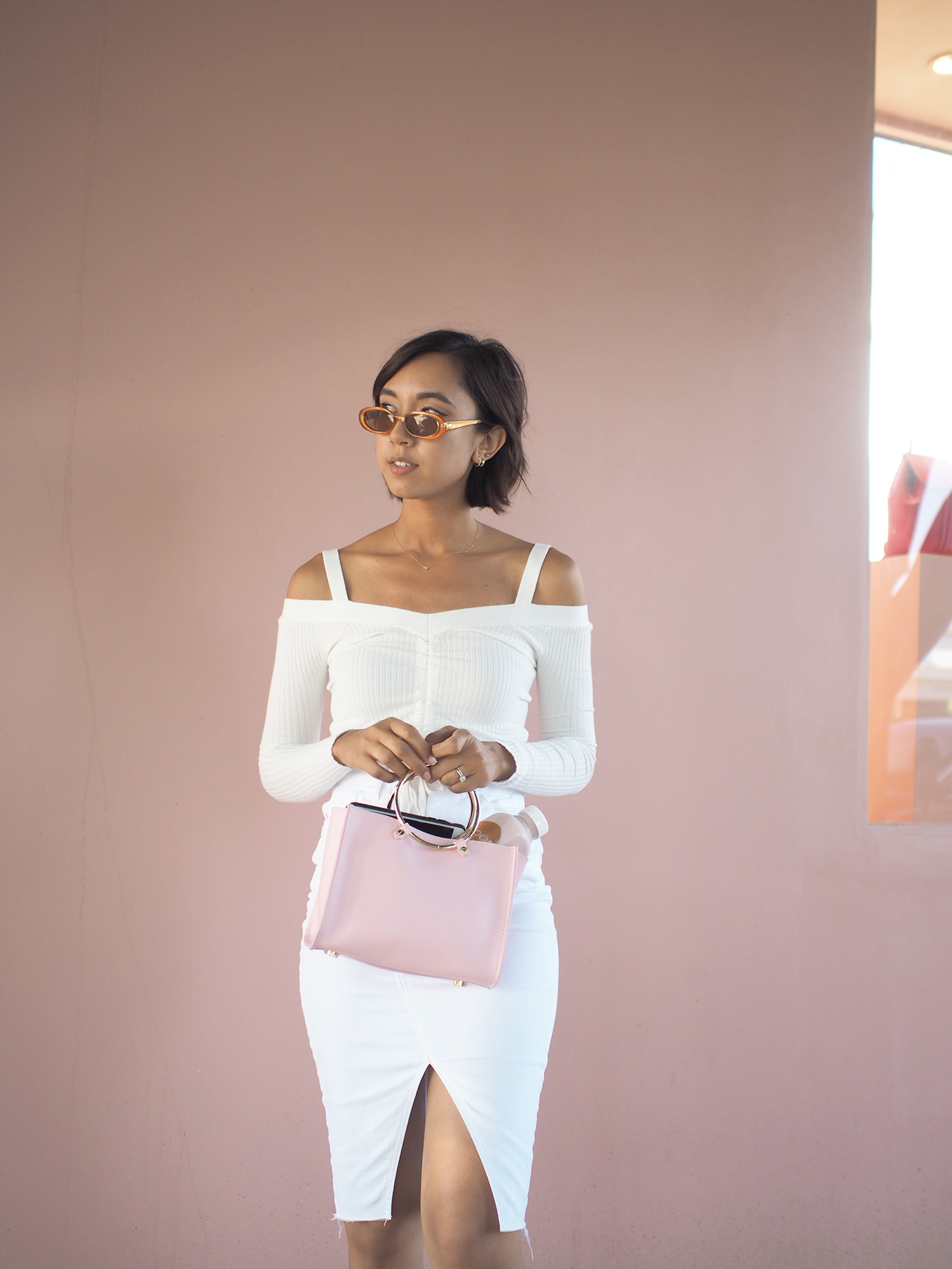 Ruched Bardot Top & White Mid Denim Skirt