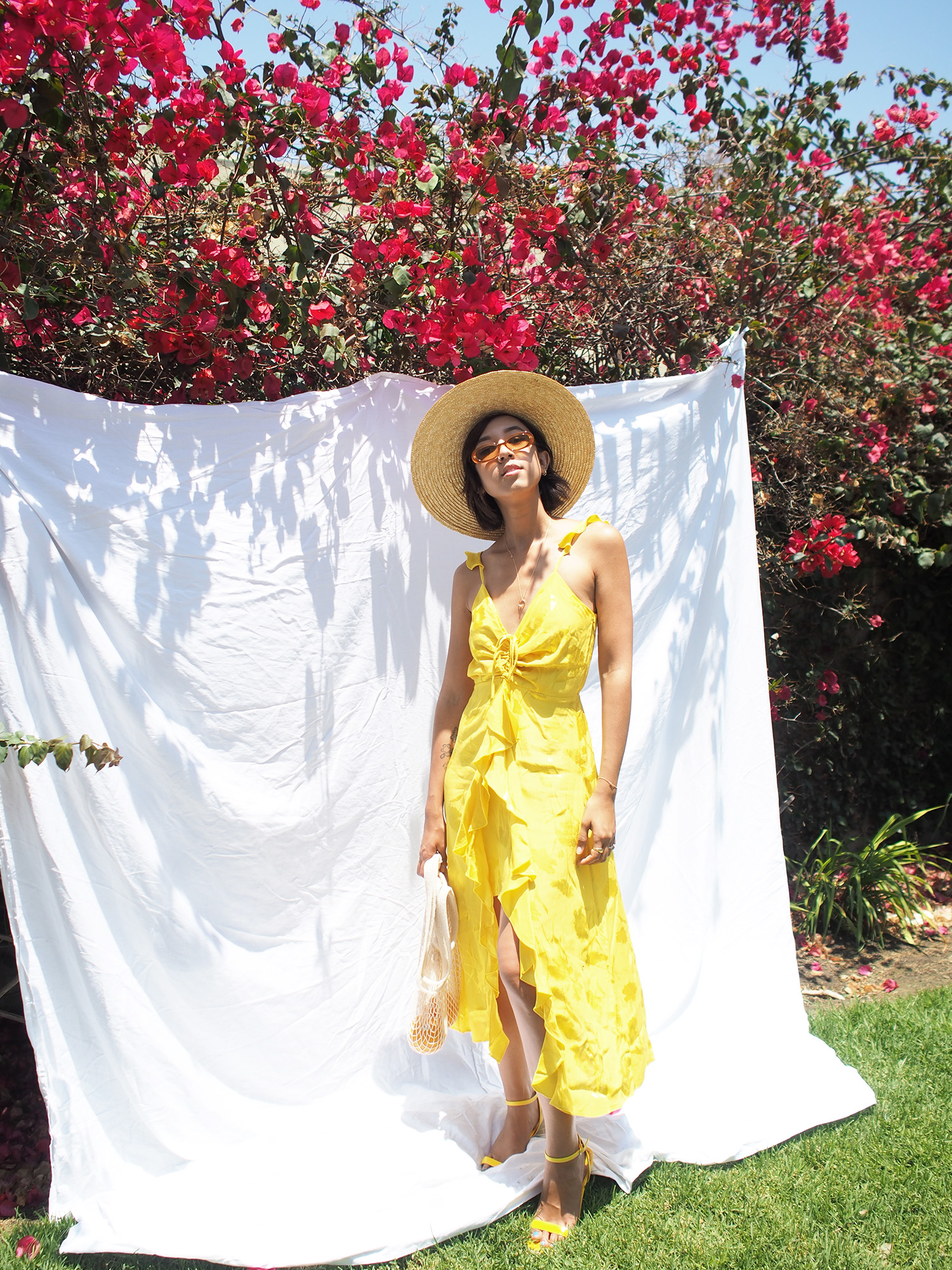 Yellow frill slip cami midi dress