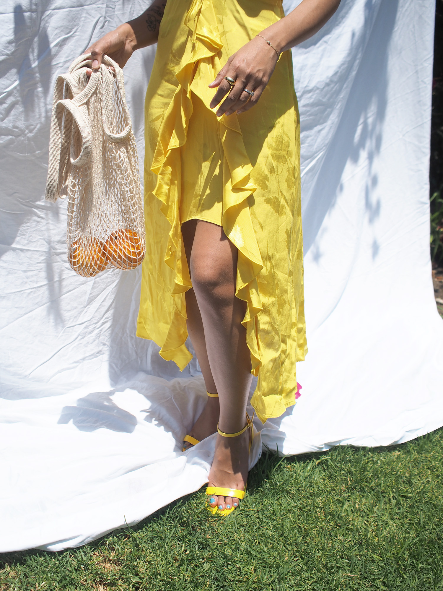 Yellow frill slip cami midi dress