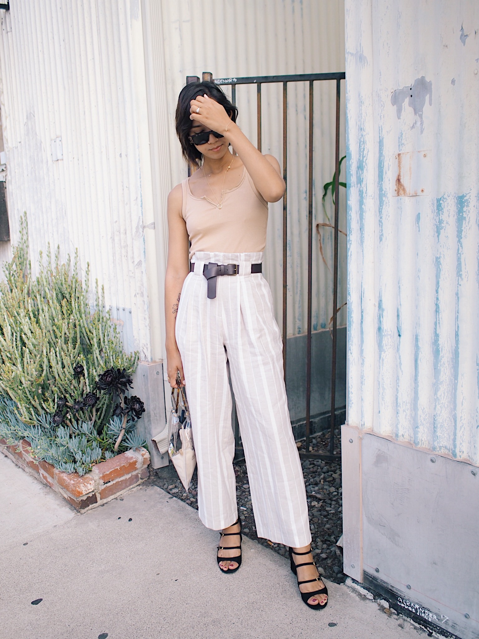 High Waisted Striped Linen Trousers